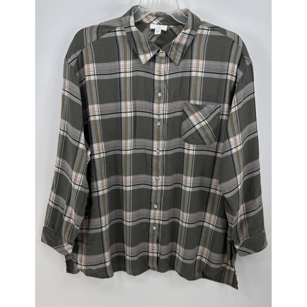 J Jill Top Women's XL Green Pink Button Up Flannel Shirt Long Sleeve